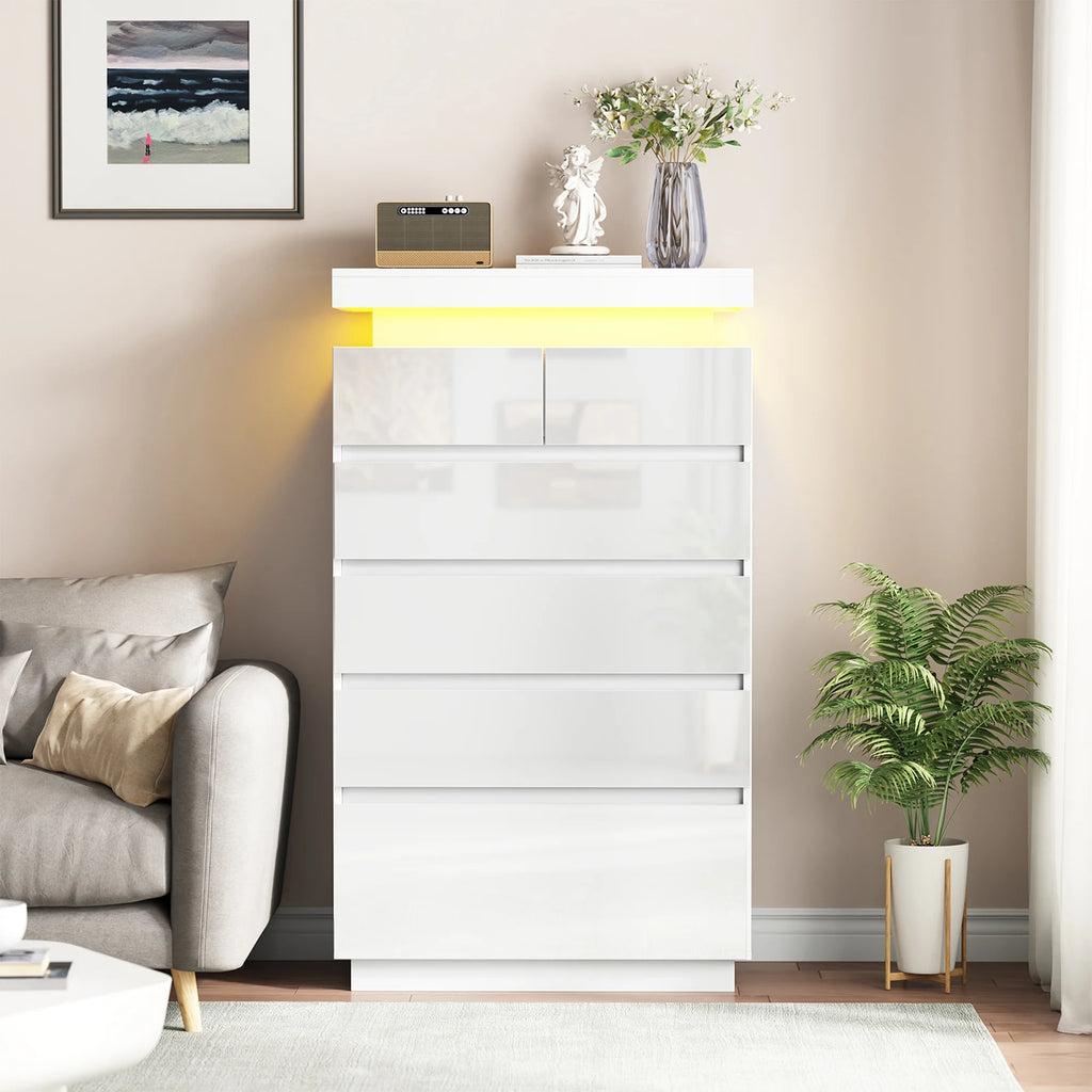 NEGYLIM 6 Drawer White Dresser, High Gloss Dresser with LED Light for Bedroom, Living Room, Hallway, Easy Assembly