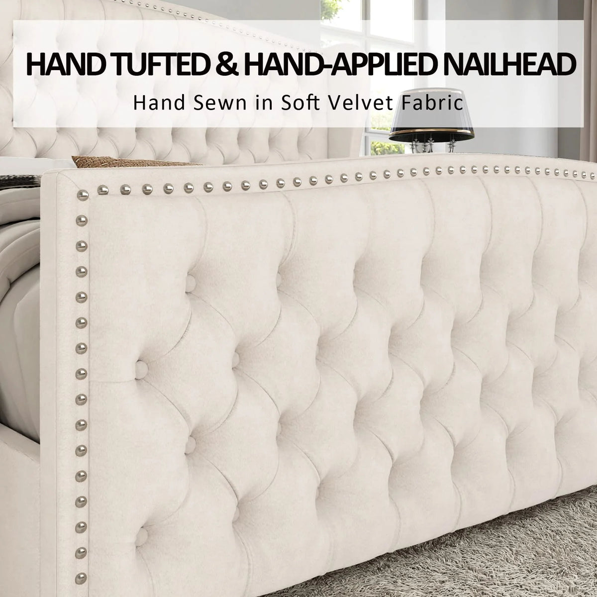 VANACC Queen Size Bed Frame, Velvet Upholstered Bed with Deep Button Tufted Wingback Headboard��Grey