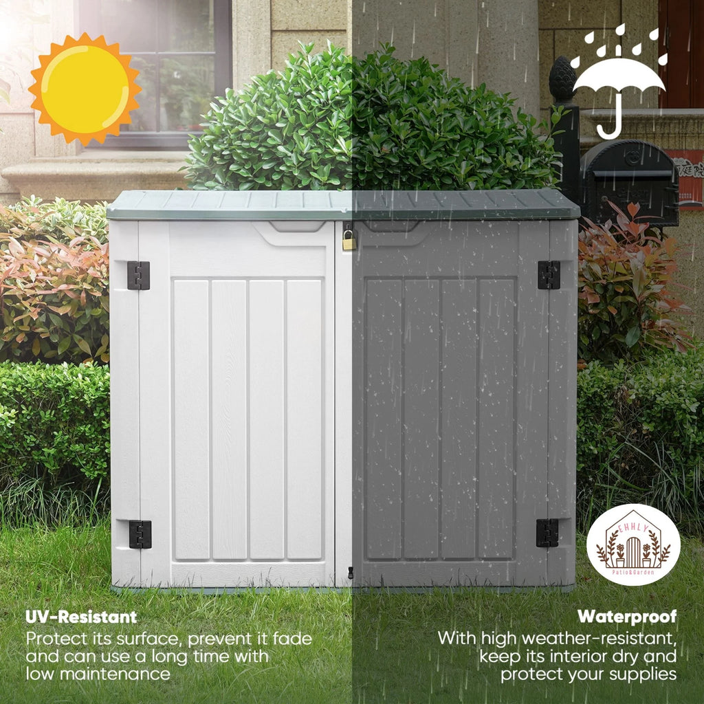EHHLY Horizontal Resin Storage Shed, 47 Cuft Garden Tool Sheds & Outdoor Storage, Outdoor Plastic Storage Cabinet Waterproof, 4.5 x 2.8 ft Backyard Outside Lawn Mower Storage Shed, Vanilla