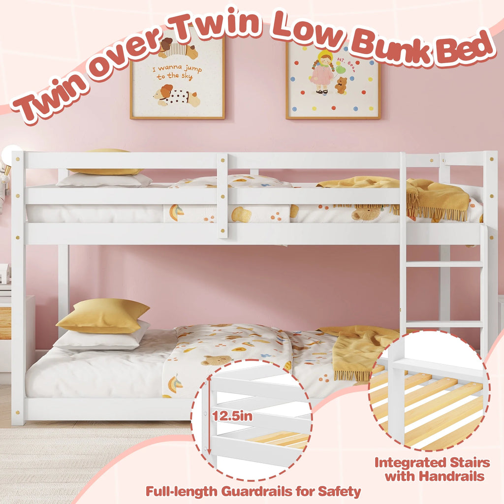 SESSLIFE Bunk Bed Twin Over Twin, Low Floor Bunk Bed with Guard Rails for Dorm, Small Space, No Box Spring Needed(White)