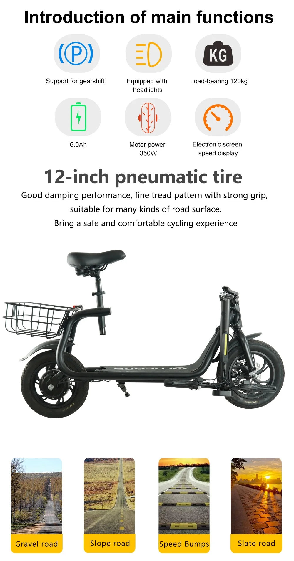 Electric Scooter Adult with Seat, 12 inch Tires 350W Motor Foldable E-Bicycle with Basket Dual Disc Brakes