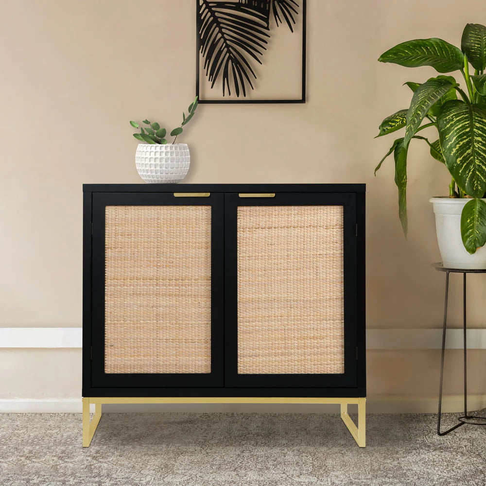 Eumyviv Modern Accent Sideboards Cabinets with 2 Rattan Doors, Mid-Century Buffets Storage Credenzas for Bedroom Living Room,Black,H0046