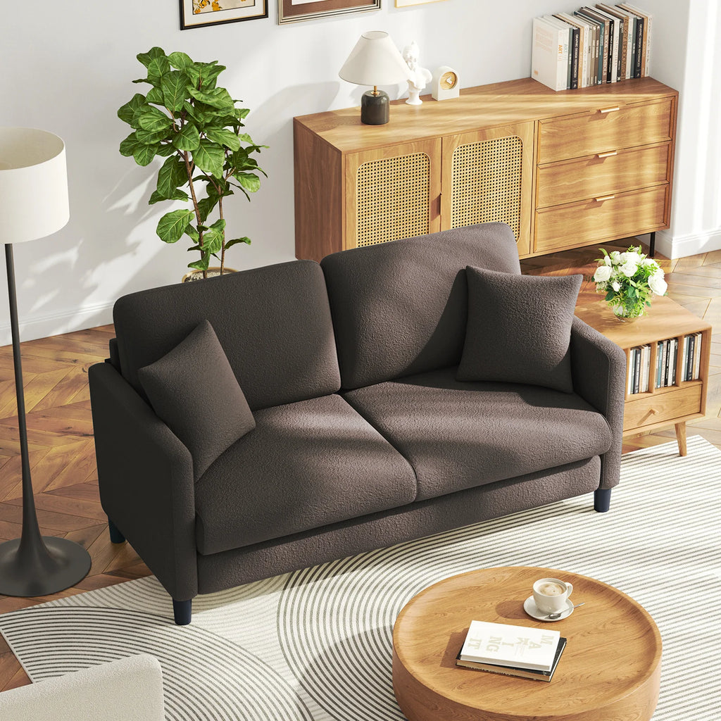 Loveseat Sofa,65" Comfy Teddy Fleece Love Seat Couch,Neche Extra Deep Seats Sofas,Tool-Free Setup Couch with 2 Pillows for Living Room,Coffee Brown