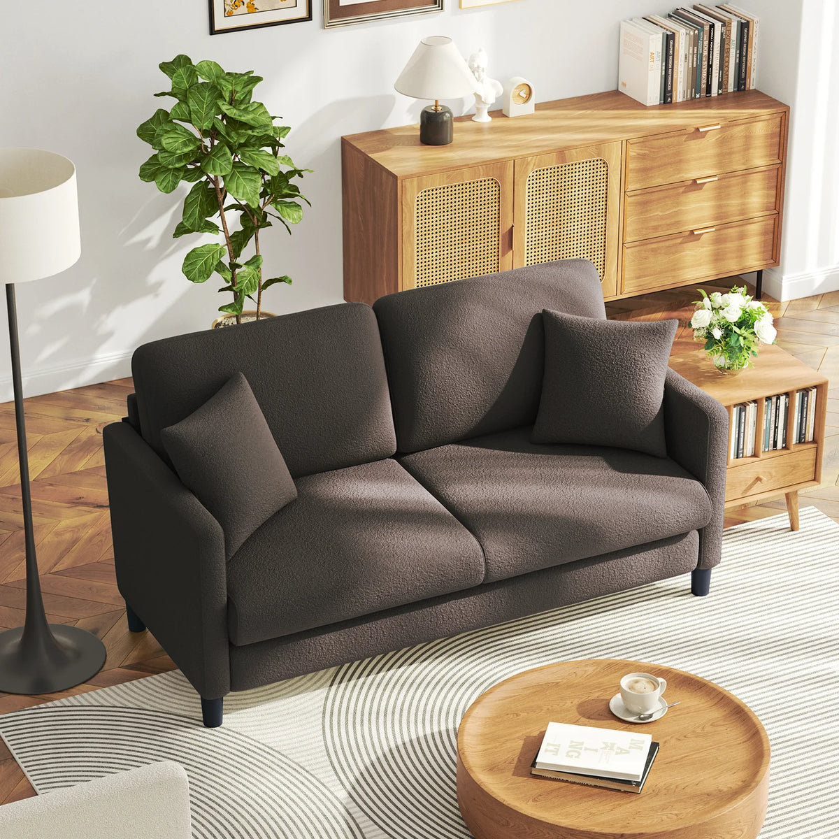 Loveseat Sofa,65" Comfy Teddy Fleece Love Seat Couch,Neche Extra Deep Seats Sofas,Tool-Free Setup Couch with 2 Pillows for Living Room,Coffee Brown