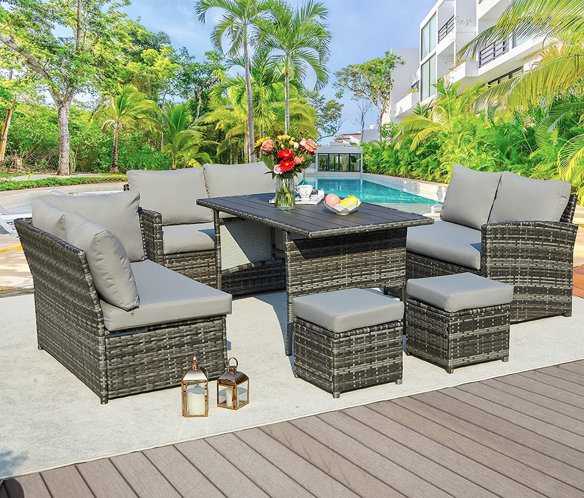 AECOJOY 7 Piece Patio Furniture Set PE Rattan Outdoor Dining Set Sectional Sofa Couch with Table Patio Conversation Set in Gray