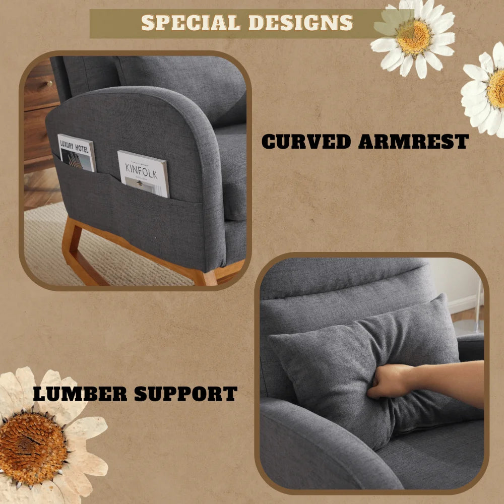 Hassch Upholstered Rocking Chair, Linen Fabric Glider Rocker with High Back, Accent Chair with Solid Wood Base, Reading Chair with Side Pocket for Living Room Bedroom Balcony, Gray