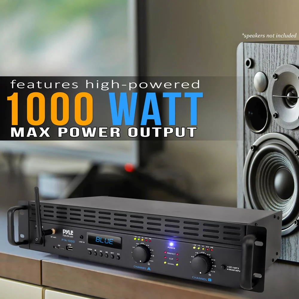 Pyle 2-Channel 2000W Bridgeable Rack Mount Pro Audio Sound Wireless Home Stereo Receiver Amplifier