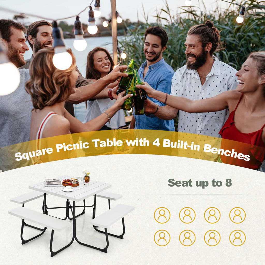 Costway Outdoor 8-person Square Picnic Table Bench Set with 4 Benches & Umbrella Hole White
