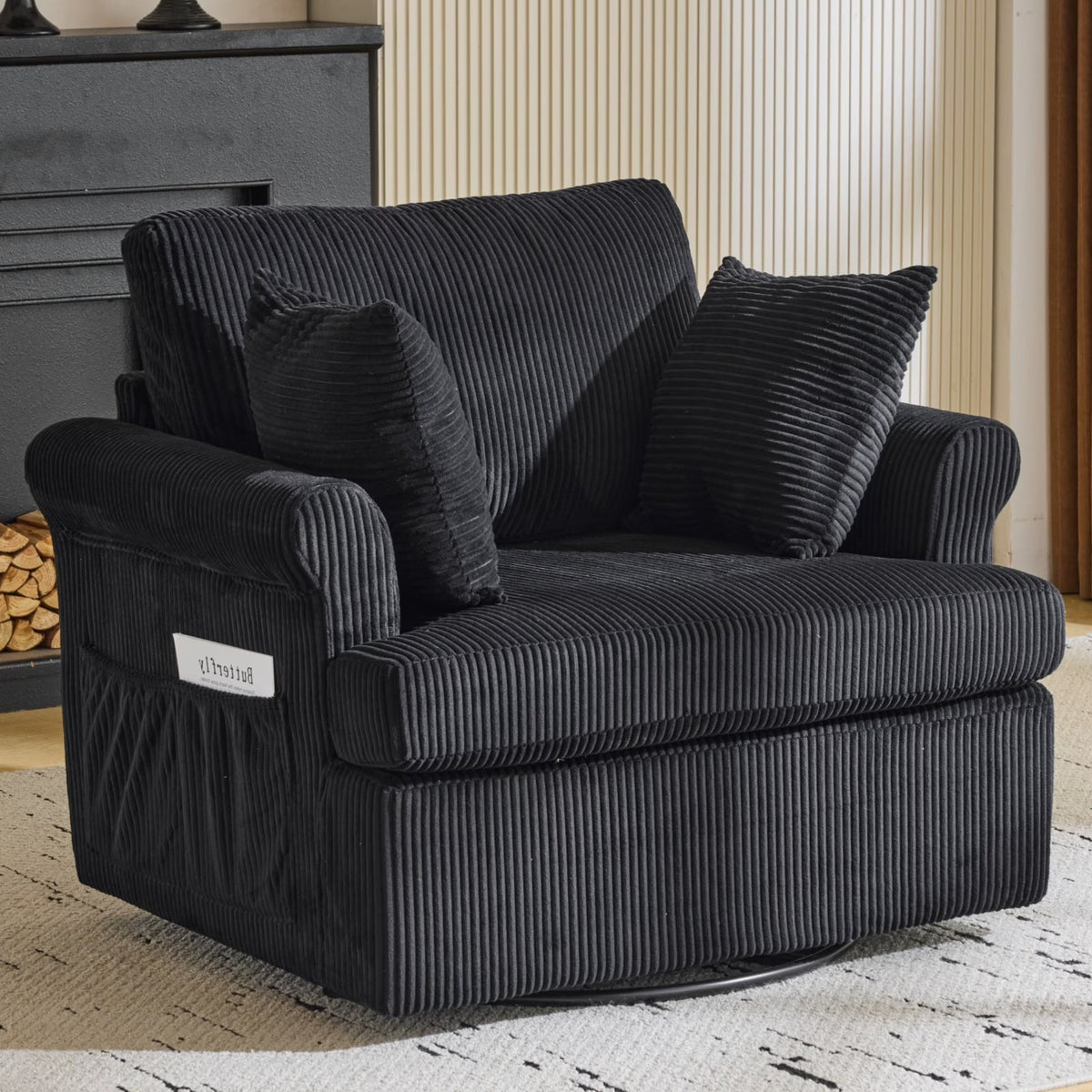 Ktaxon Swivel Accent Chair, 360-Degree Rotation Reading Chair, Corduroy Fabric Sofa with Armrest Pockets, Solid Metal Base, Perfect for Living Room Bedroom Black