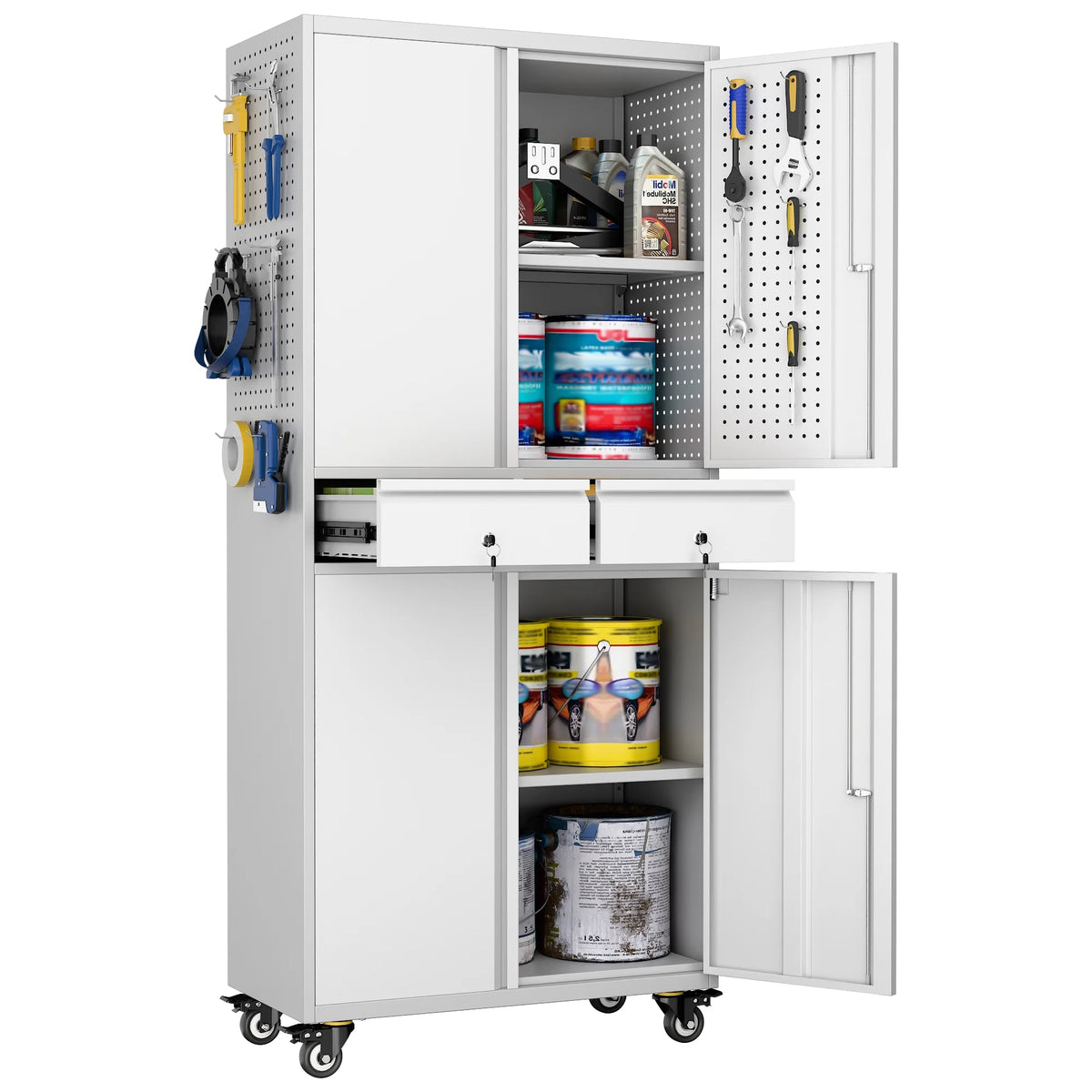 SUPEER 71" Metal Storage Cabinets with Wheels and Pegboards, Industrial Cabinet with 2 Drawers and 2 Adjustable Shelves,, Assembly Required