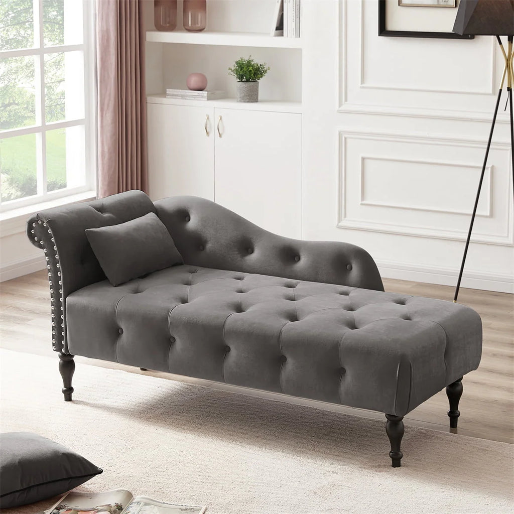 Velvet Chaise Lounge, Rolled Arm Chaise Lounges with 1 Pillow & Solid Wood Legs, 60.6" Left Arm Tufted Lounger Sleeper Sofa Facing Chaise Lounge with Buttons Tufted Nail Head Trimmed, Grey