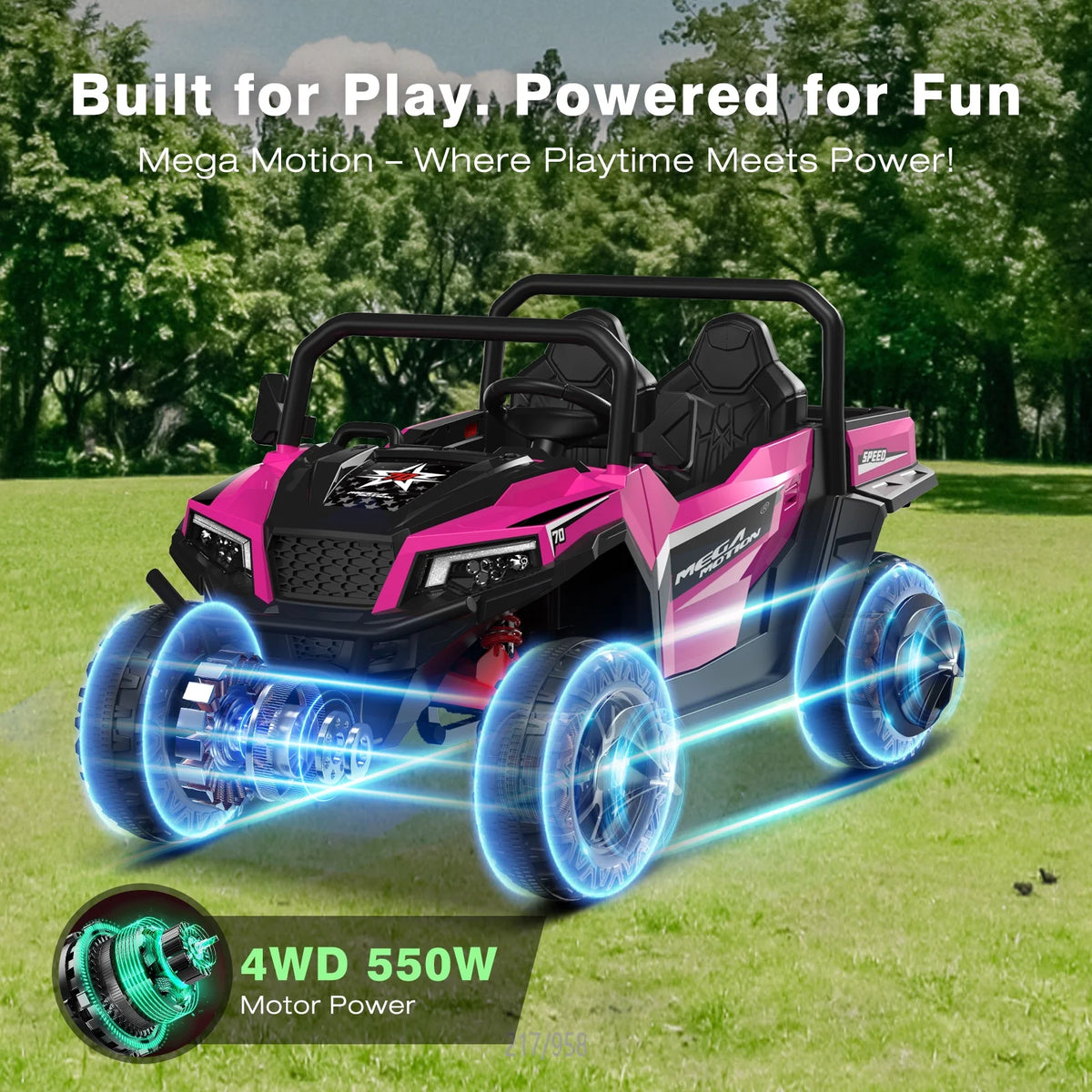 Mega Motion 24V Kids Electric Ride-On UTV Truck with 4WD, Dump Bed, 2 Seats, LED Lights, Music, Remote Control, Shovel, for Boys & Girls