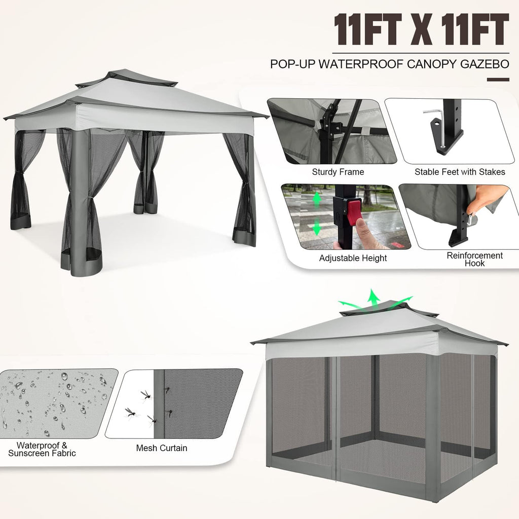 COBIZI 12x12 Outdoor Gazebo Pop Up Gazebo Canopy with Mosquito Netting Patio Tent Backyard Canopy with 2-Tiered Vented Top 3 Adjustable Height, Beige