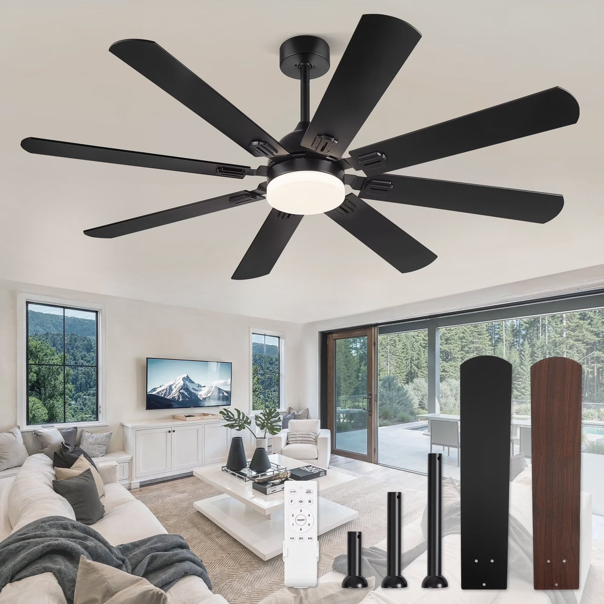Zardon 62" Black Modern Ceiling Fan with Light and Remote Control, Reversible Quiet DC Motor, Bright LED Light, 6-Speed, Timer for Bedroom, Living Room