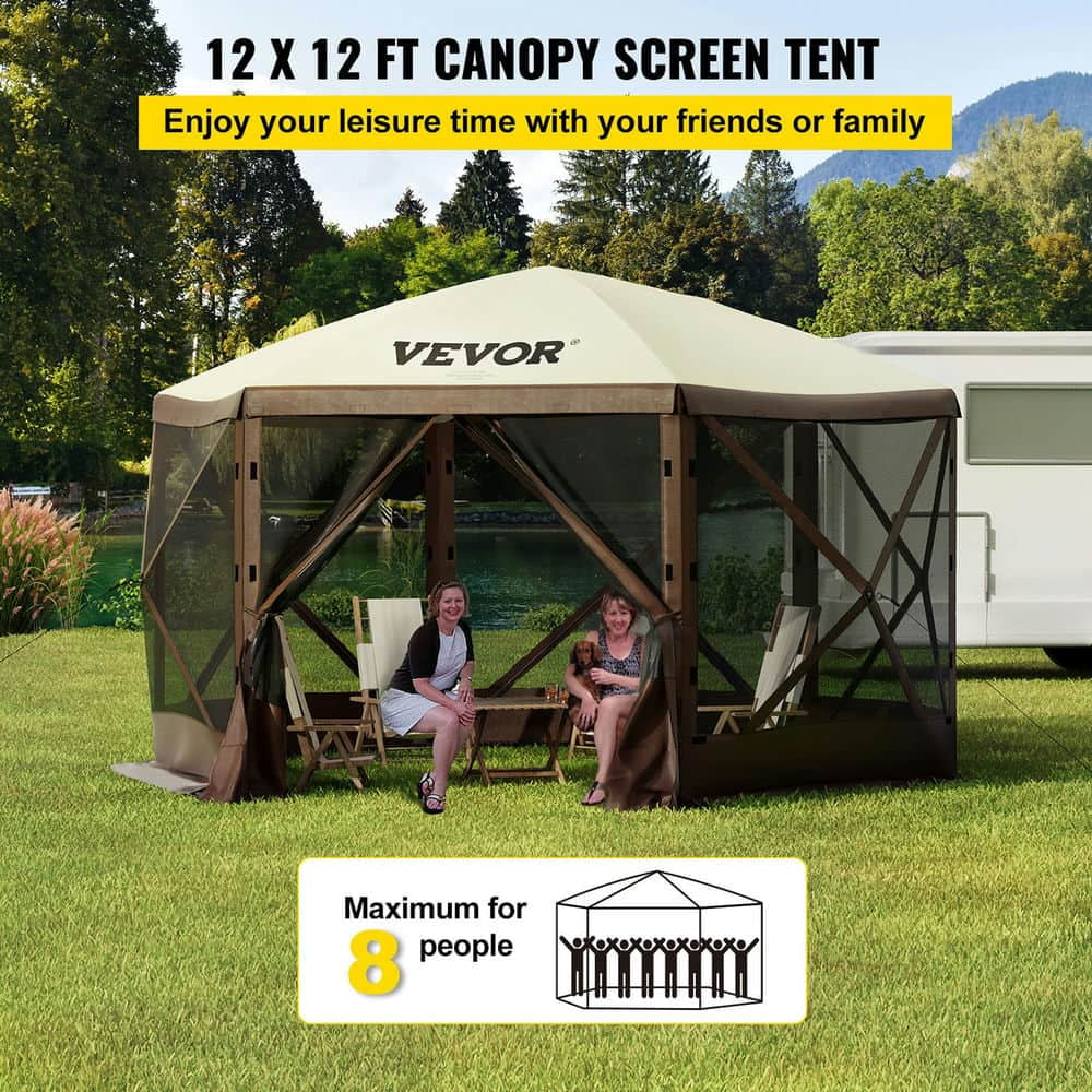 Topcobe 12*12ft Camping Screen Tent, 6 Sided Pop-up Canopy Shelter Tent with Mesh Windows, Large Shade Tents for Outdoor Camping, Lawn and Backyard, Portable Carry Bag