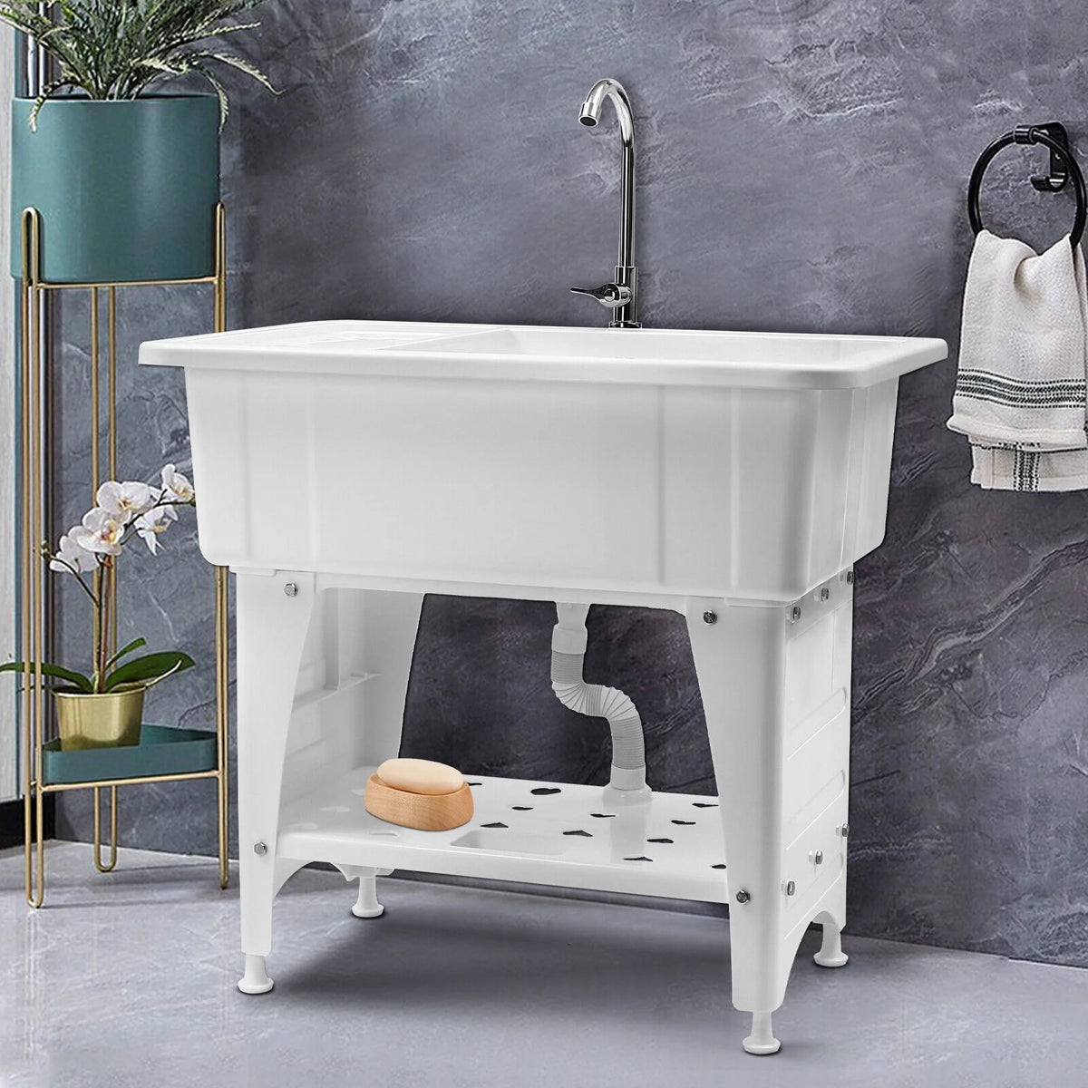 Laundry Sink Freestanding Plastic Indoor and Outdoor Utility Sink with Washboard