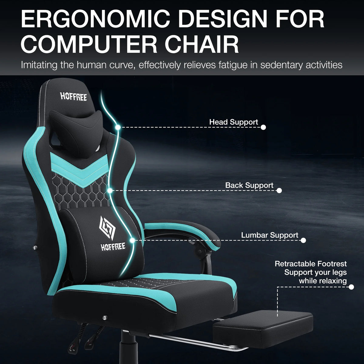 Hoffree Gaming Chair with Massage Fabric Office Chair with footrest for Adults, Ergonomic Gamer Chair with Headrest and Lumbar Support for Office Gaming, 440 LBS