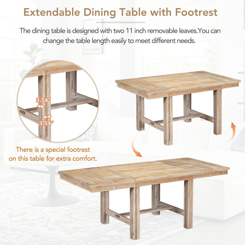 MODERNLUXE 82"Farmhouse 6PCS Dining Table Sets for 6,Solid Wood Dining Table Set with Extendable Table with Footrest and Two 11"Removable Leaf,4 Upholstered Chairs and Longer Upholstered Bench