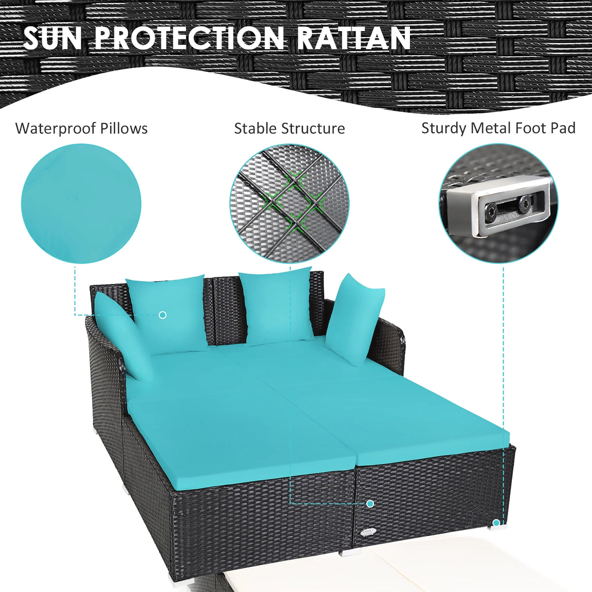 Costway Outdoor Patio Rattan Daybed Pillows Cushioned Sofa Furniture Beige