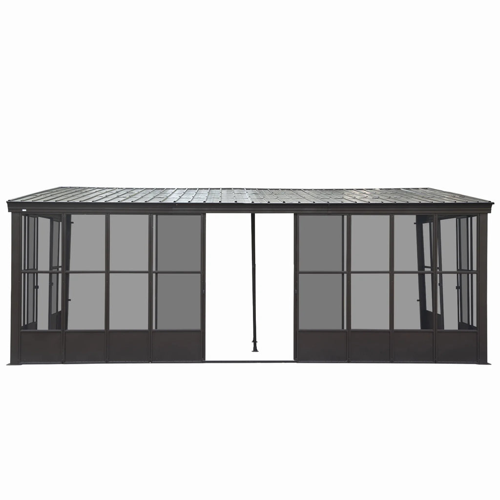 TOTAL Outdoor 10'x12' All-Season Sunroom Gazebo with Steel Roof, PVC Screen, Front & Side Door, Brown