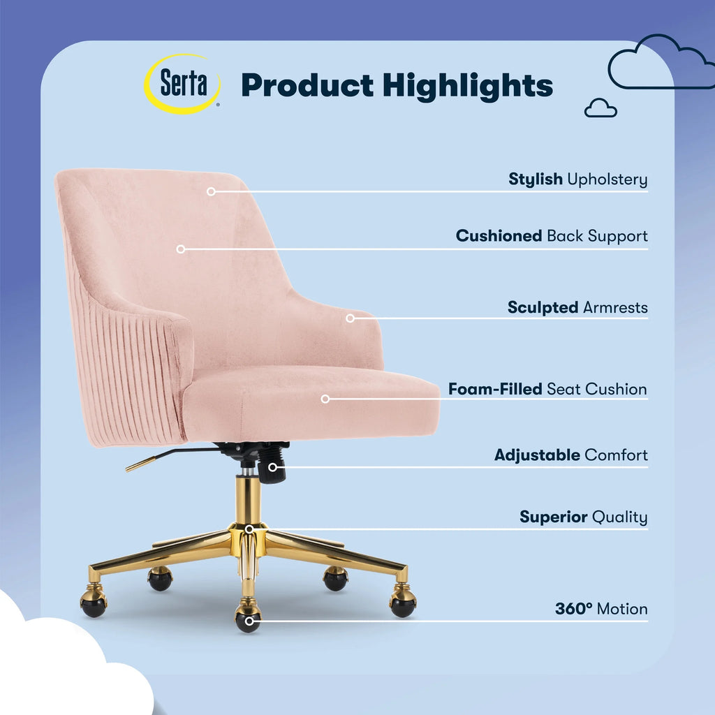 Serta Scarlett Modern Mid-Back Office Chair Velvet Fabric Gold Metal Base Pink