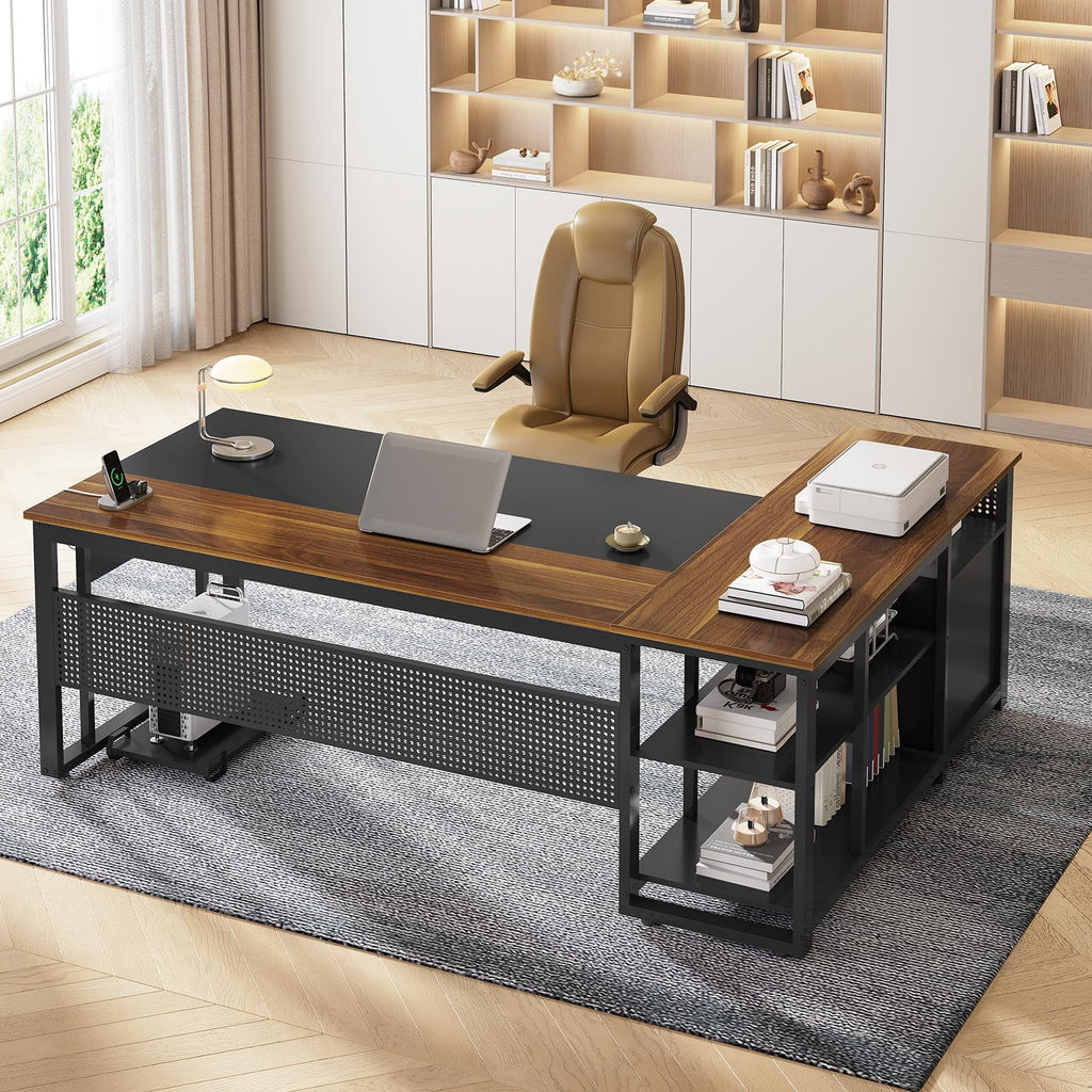 71" Executive Desk with Power Outlets, Modern L Shaped Office Desk with File Drawers and Pegboard, Large Computer Desk, Rustic Brown