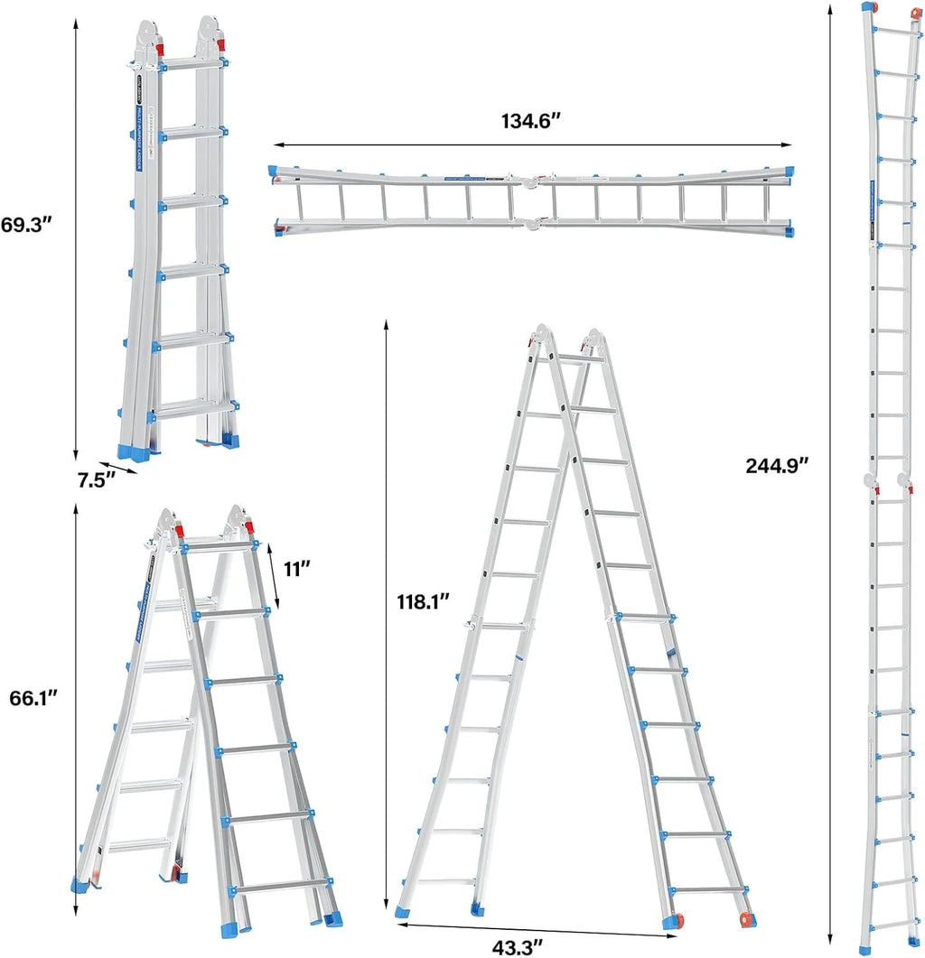 LUISLADDERS Ladder, A Frame 6 Step Ladder Telescoping Ladder, 22 Ft Reach Height Muti Position Folding Ladder Flared Leg & Wheels Design, 330 lbs Capacity Extension Ladder for Household Outdoor Work