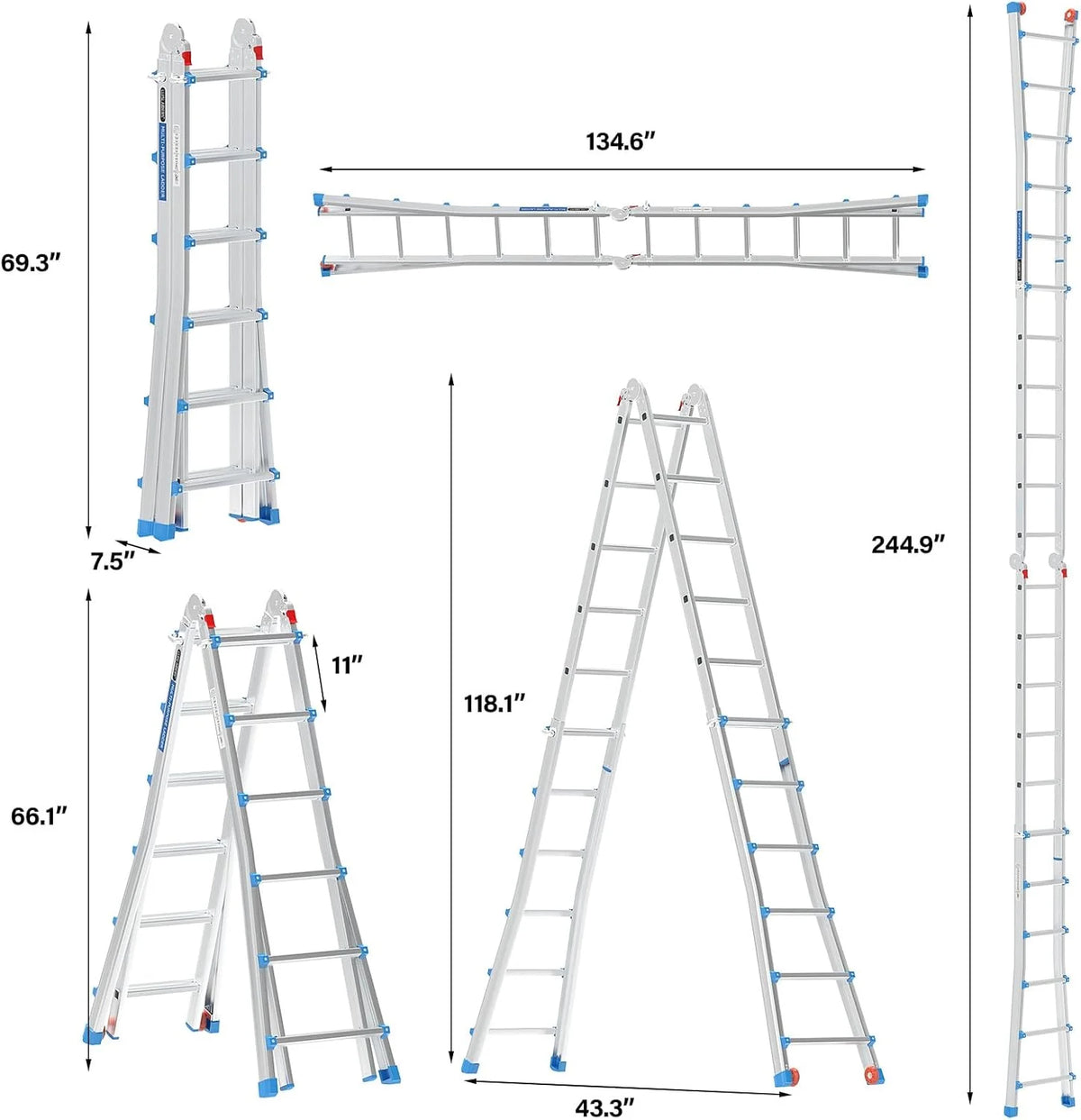 LUISLADDERS Ladder, A Frame 6 Step Ladder Telescoping Ladder, 22 Ft Reach Height Muti Position Folding Ladder Flared Leg & Wheels Design, 330 lbs Capacity Extension Ladder for Household Outdoor Work