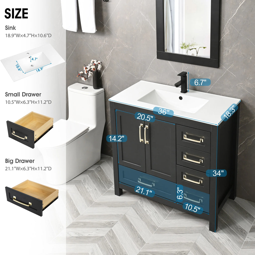 Eclife 36" White Bathroom Vanity Set with Ceramic Sink Top and Water Saving Faucet Drain