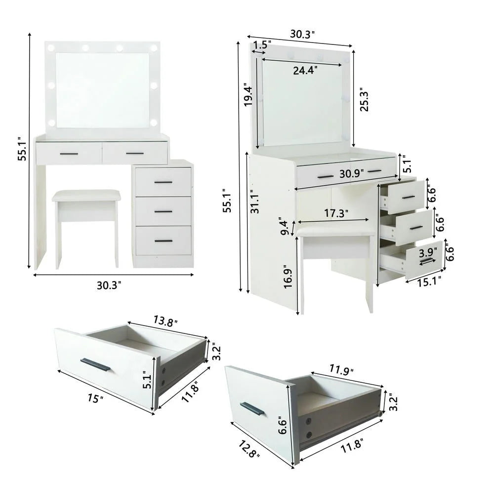 Kadyn Vanity Desk with Lighted Mirror, Vanity Table and Chair Set with 2 Drawers, Dressing Table Makeup Desk with 1 Door, Retro Gray