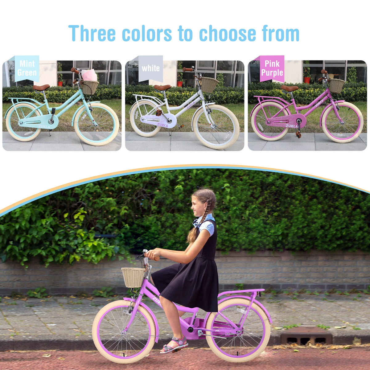 20" Kids Bike Girls Bike with Basket Single Speed Steel Frame Children Bicycle for 7-10 Years, Pink