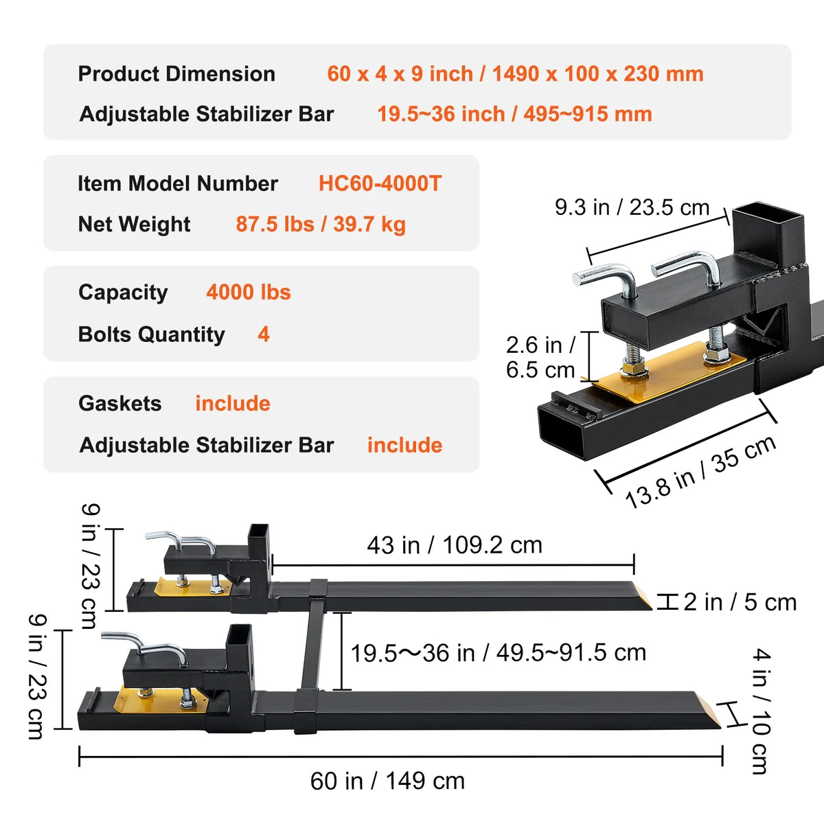 BENTISM Pallet Forks, 4000 lbs Clamp on Tractor Bucket Forks, 60" Total Length Heavy Duty Pallet Forks with Adjustable Stabilizer Bar