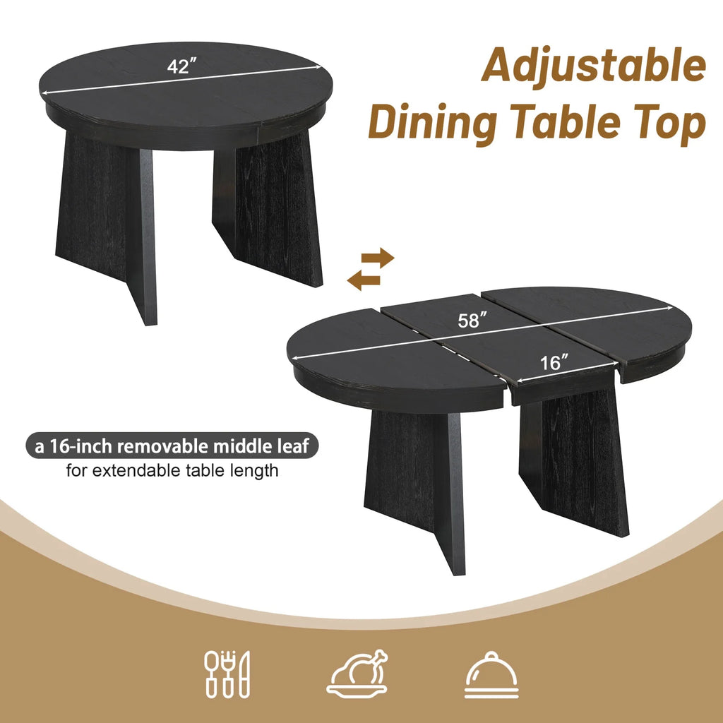 5-Piece Extendable Dining Table Set for 4 People, Solid Wood Kitchen Table Set with 4 Upholstered Chairs and Rattan Backrests for Dining Room and Kitchen, Natural