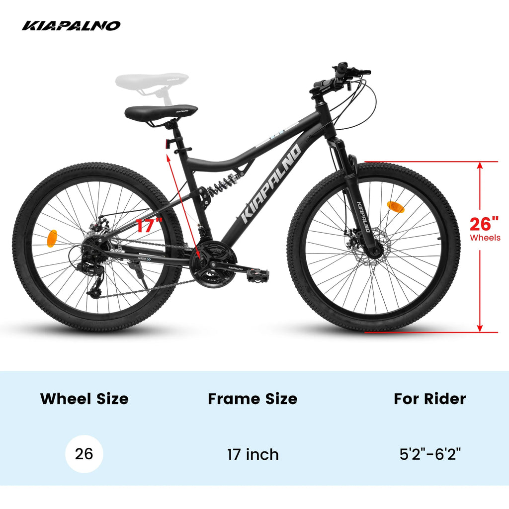 26 Inch Mountain Bike Dual Full Suspension, Shimano 21-Speed Mountain Bicycle with Dual Disc Brakes and Carbon Steel Frame, Trail Beach Snow Commuter City Bike for Adult Men Women, Black