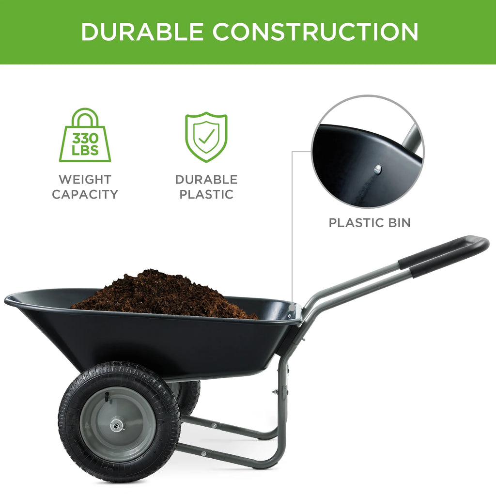 Best Choice Products Dual-Wheel Home Wheelbarrow Yard Garden Cart for Lawn, Construction - Green