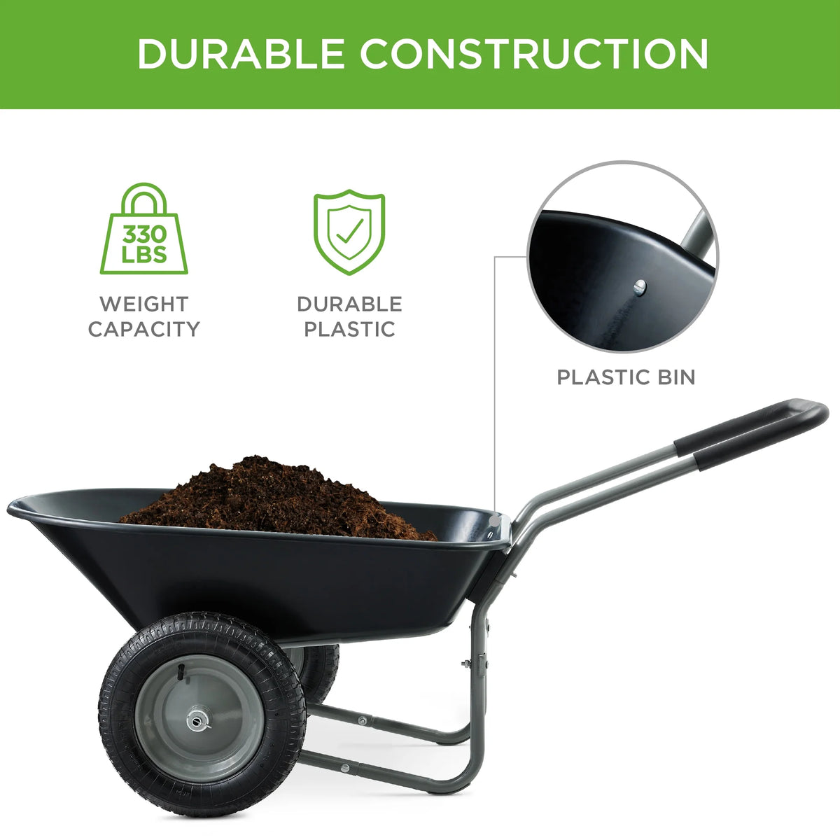 Best Choice Products Dual-Wheel Home Wheelbarrow Yard Garden Cart for Lawn, Construction - Green