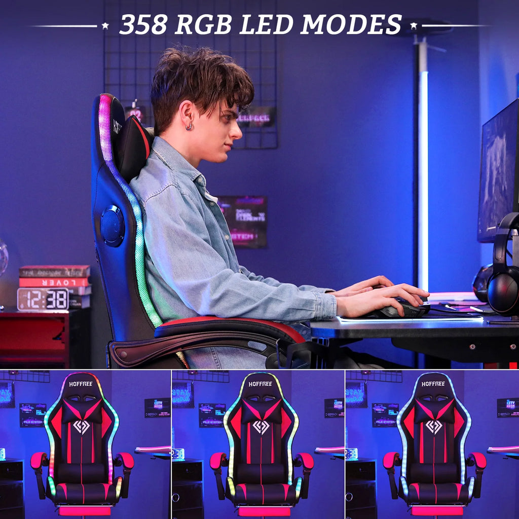 Hoffree Gaming Chair with Bluetooth Speakers and Footrest Massage Office Chair with LED Lights Ergonomic Game Chair High Back with Lumbar Support and Headrest Adjustable Swivel for Adults 300lb