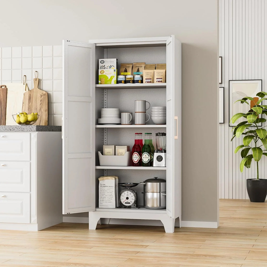Metal Pantry Cabinet, 61''  White Kitchen Pantry Storage Cabinet with Doors and Adjustable Shelves, Utility Room, Homes, Offices, Garage-, Assembly Required