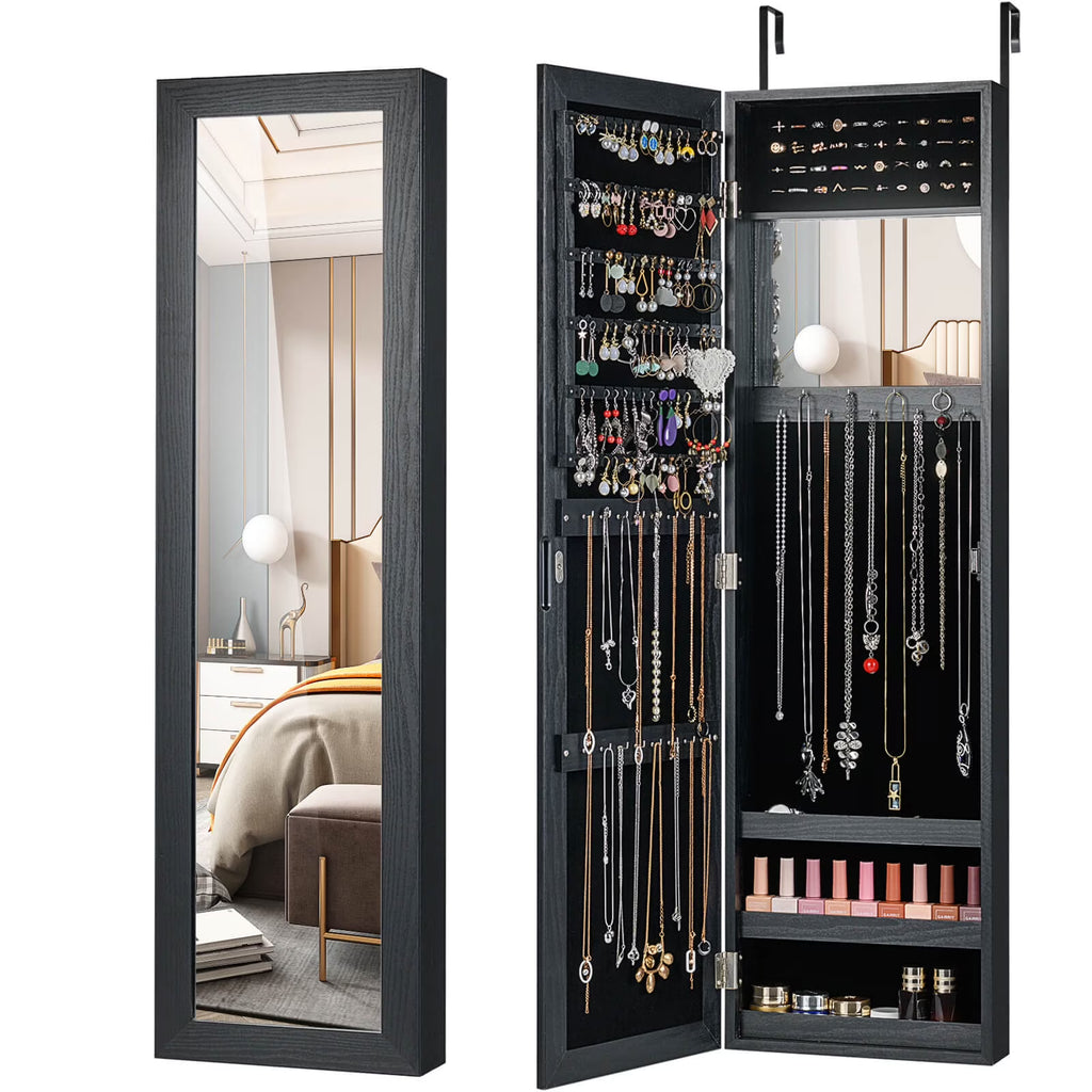Costway Wall Door Mounted Mirrored Jewelry Cabinet Storage Organizer-Black