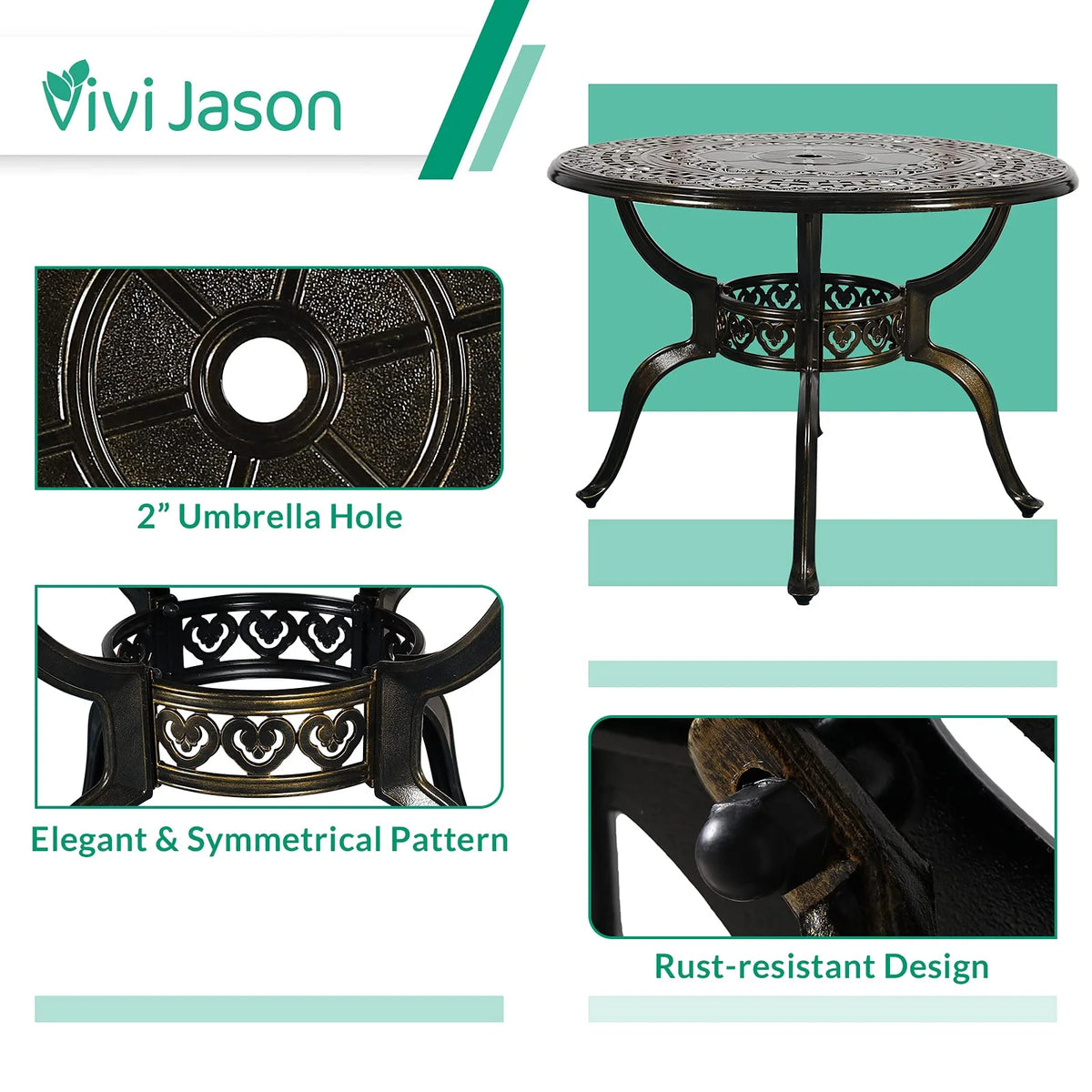 VIVIJASON 38.3" Patio Bistro Table Outdoor Dining Round Table Bronze Cast Aluminum Table with Umbrella Hole