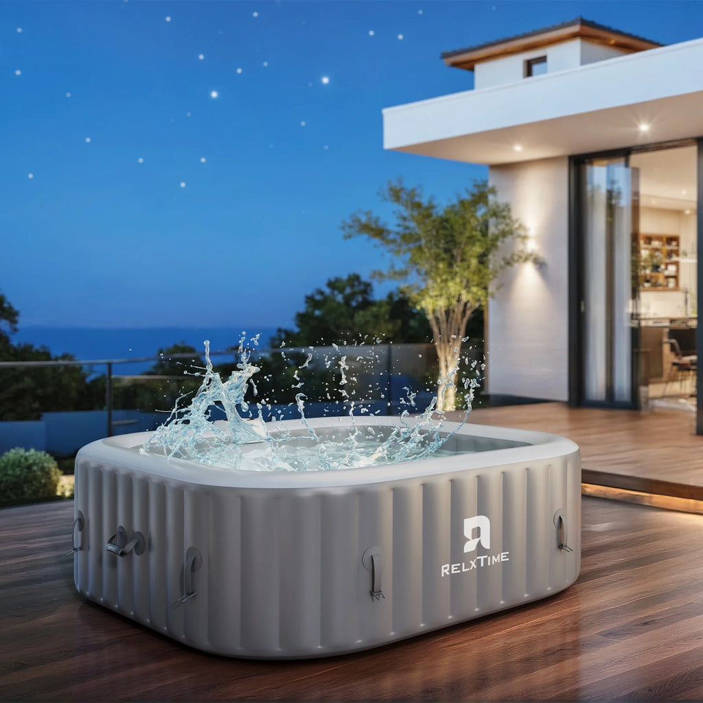 RELXTIME 73*73 inch Portable Square Inflatable Massage Pool for 4-6 People Outdoor Spa with 130 Bubbling Massage Jets, Built-in Heating Pump with Two Cartridges, Gray