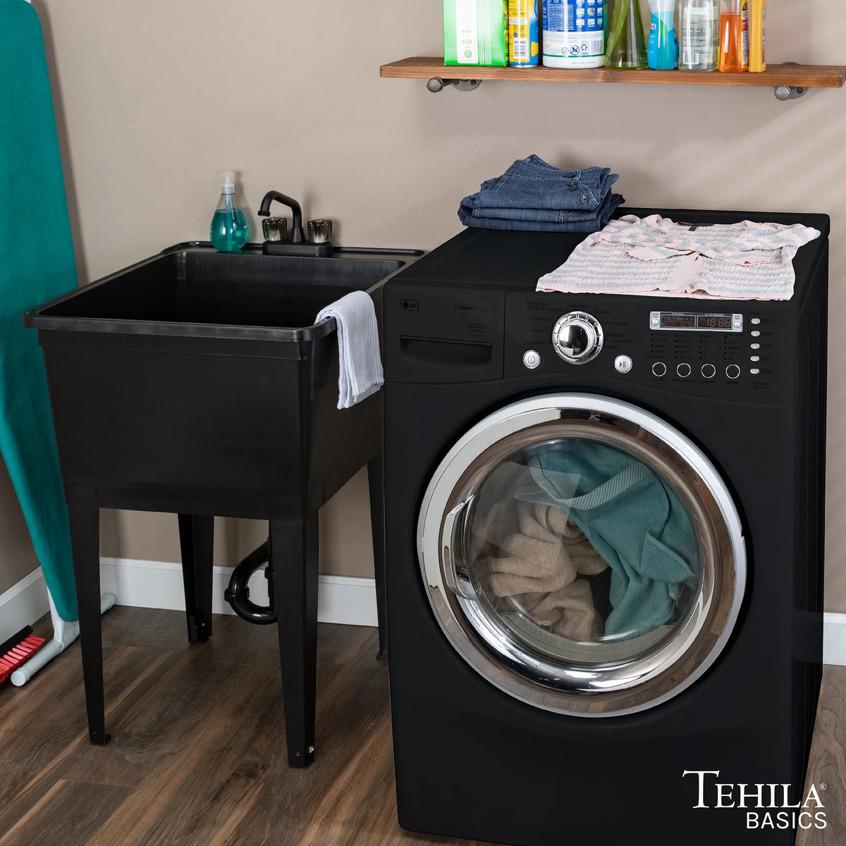 Tehila Freestanding Black Utility Sink with Black Faucet for Laundry Room