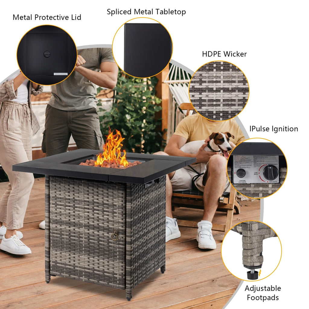28" Fire Pit Table, Propane Fire Pit with Lid, Lava Rocks, 50000 BTU Outdoor Gas Fire Pit, Metal Square Propane Fire Pit for Outside Garden Backyard Deck Patio, Brown, LLL4008