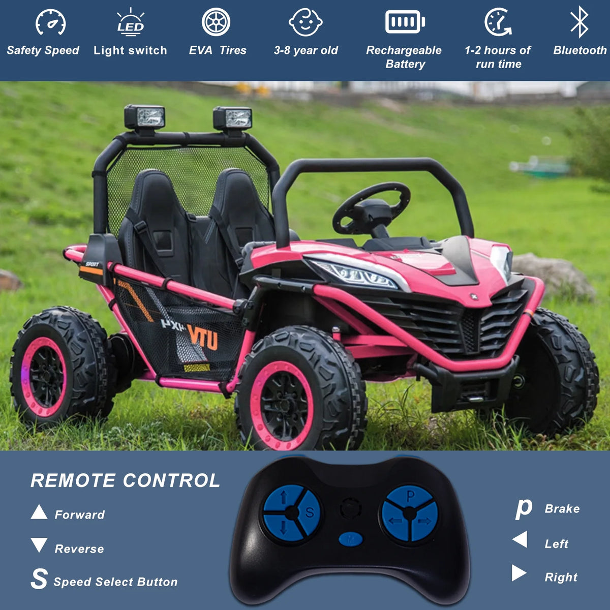 OTTORD 24 V Ride on Car UTV 2 Seater, 2x200W Electric Car Truck with Metal Frame, Brake&Gas Pedal, EVA Tires,3 Speed (Purple Pink)