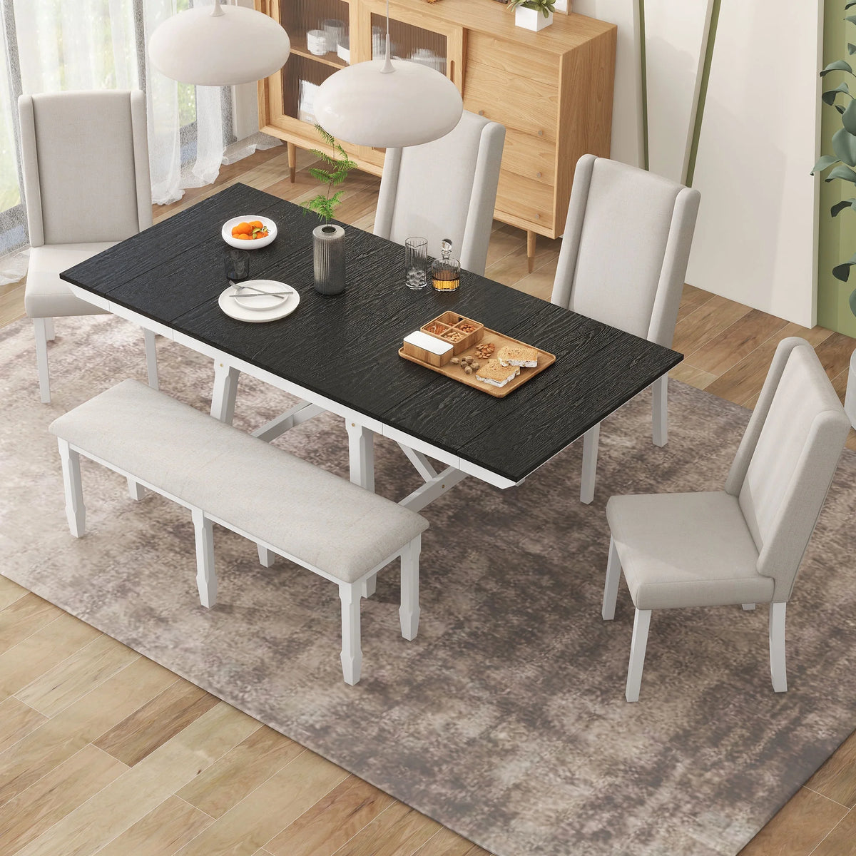 6 Piece Extendable Dining Table Set, Atumon Wood Dining Room Set for 6, Dining Table Set with 4 Beige Cushioned Chairs and Bench, Farmhouse Dining Table Set Furniture for Kitchen Dining Room, Natural