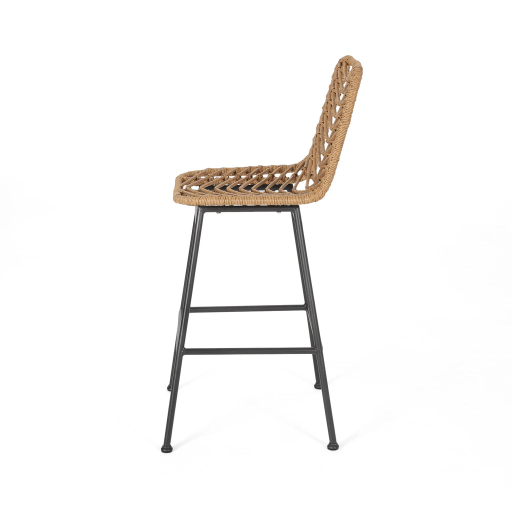 Dimitri Outdoor Wicker Barstools, Set of 2, Light Brown and Black