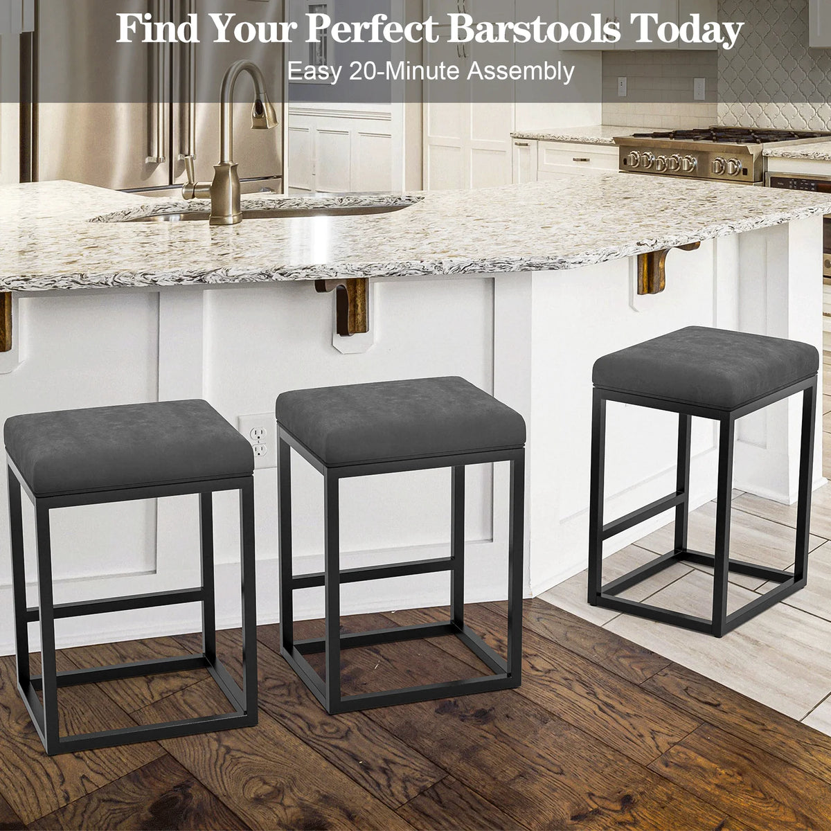 Nathaniel Home 24 Inch Bar Stools Set of 2, Modern PU Leather Metal Barstool, Backless Kitchen Dining Cafe Stool, Upholstered Bar Stool with Footrest, Gray