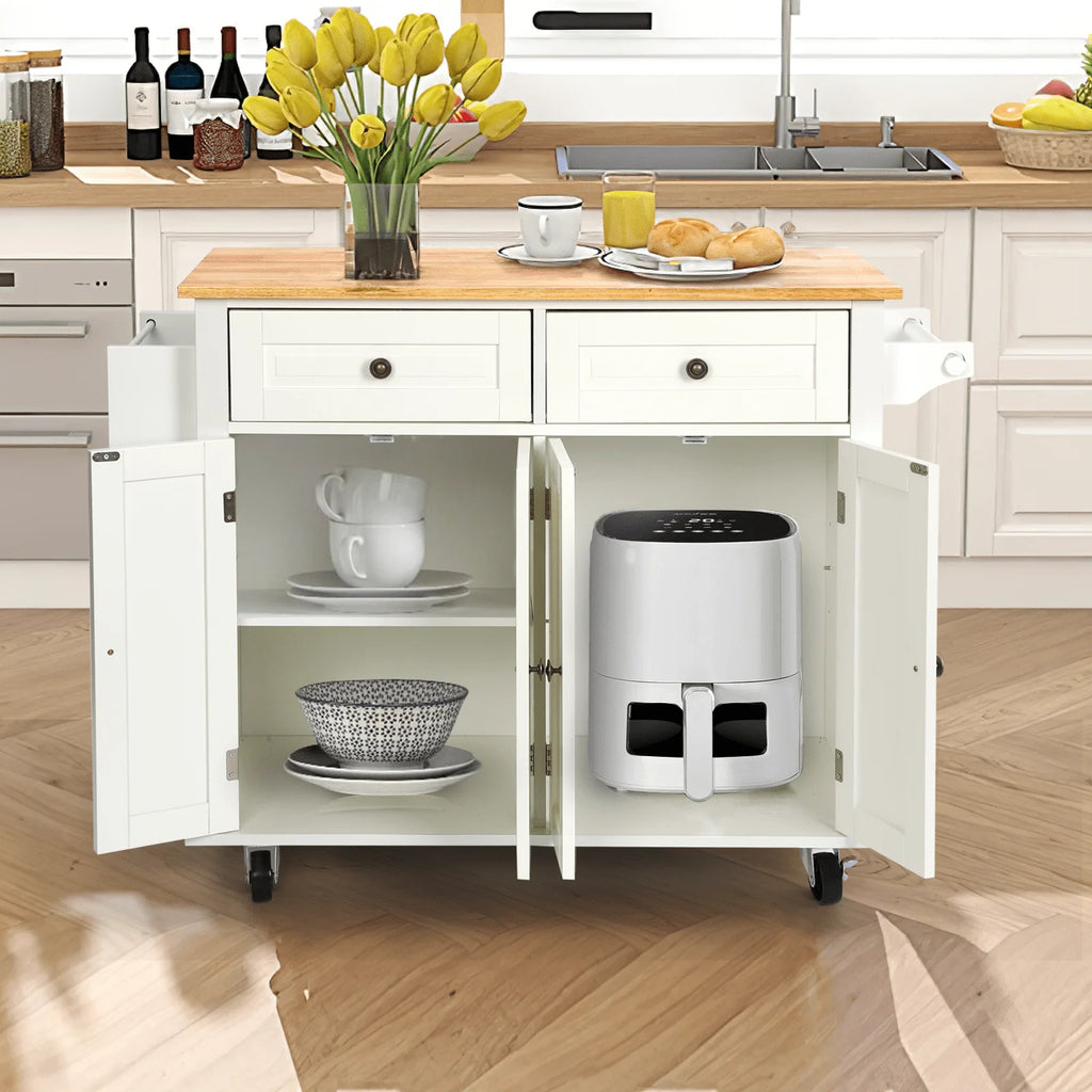 RichYa Kitchen Island with Storage, Rolling Kitchen Cart with Lockable Wheels, Rubber Wood Tabletop Kitchen Island Table for Kitchen, Living Room, White