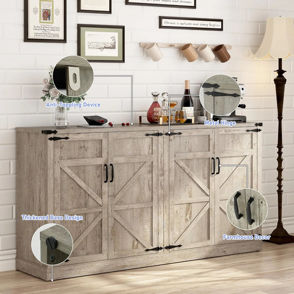71" Tall Farmhouse Kitchen Pantry Cabinet, 5 Layers Storage Cabinet with Adjustable Shelves, Farmhouse Pantry Cabinet with 4 Barn Doors for Kitchen, Dining Room, Bathroom, Living Room, Rustic White
