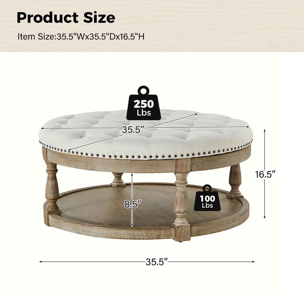 36'' Wide Blue Round Large Ottoman Tufted Coffee Table with Storage Wood Legs Home Living Room
